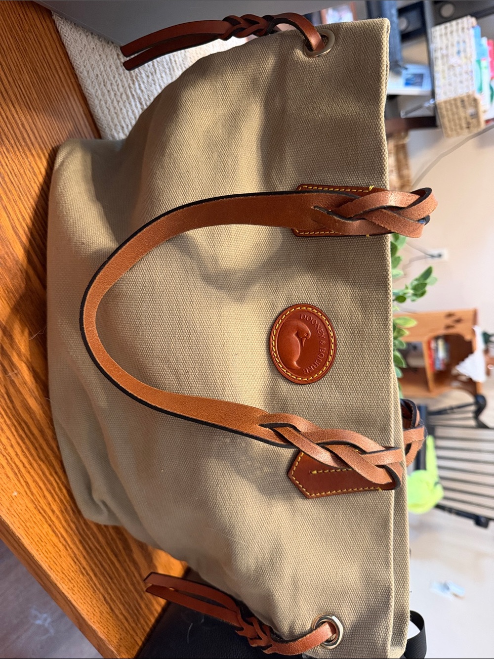 Dooney & Bourke Tan Canvas Tote with Brown Leather Trim